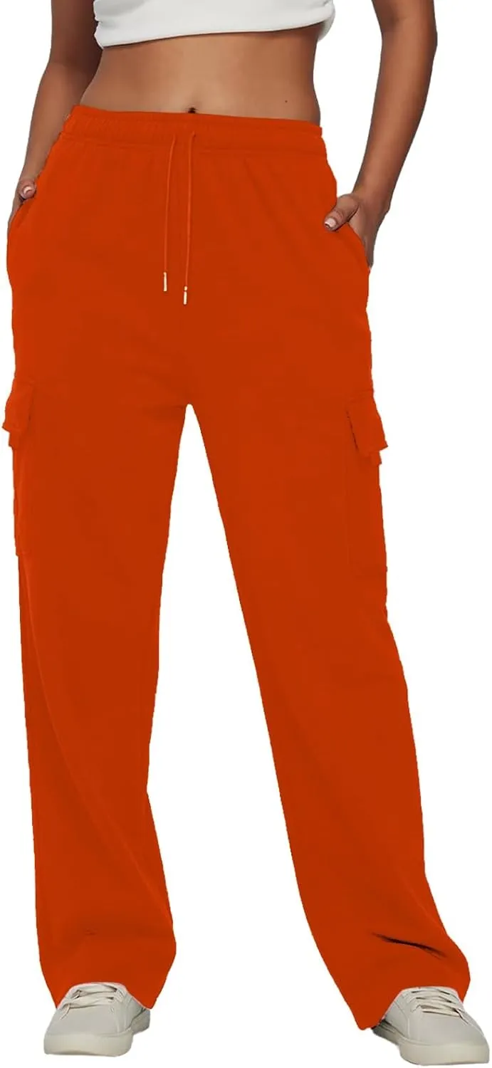 Women’s Fleece Lined Sweatpants Ladies Solid Color Drawstring Elastic Waist Casual Loose Foot Fleece Sweatpants High