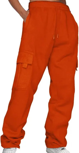 Women’s Fleece Lined Sweatpants Ladies Solid Color Drawstring Elastic Waist Casual Loose Foot Fleece Sweatpants High