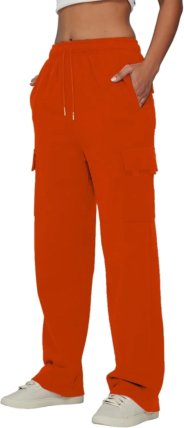 Women’s Fleece Lined Sweatpants Ladies Solid Color Drawstring Elastic Waist Casual Loose Foot Fleece Sweatpants High
