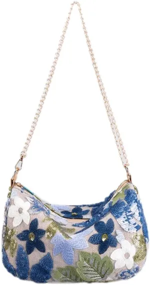 Women's Floral Embroidery Purse Sequin Beaded Shoulder Bag Summer Beach Party Purses Sparkly Evening Crossbody Bags