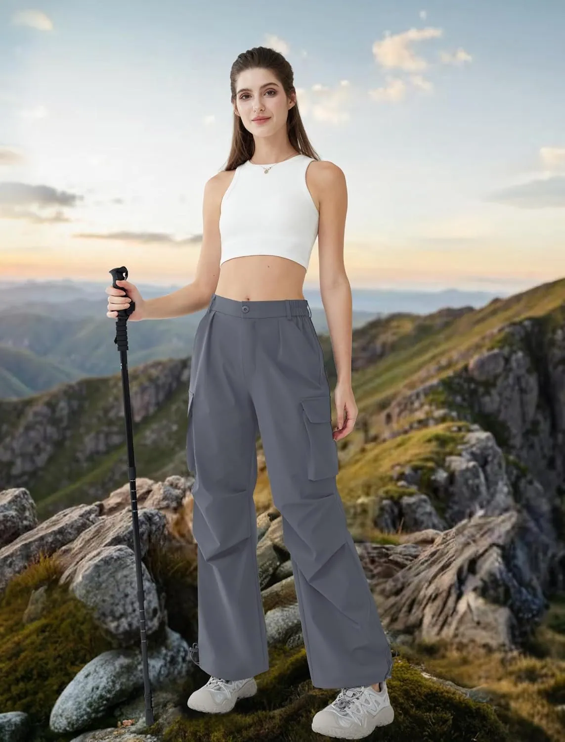Women’s Hiking Pants Wide Leg Cargo Pants Quick Dry Lightweight Water-Resistant Travel Casual Trousers with 4 Pockets