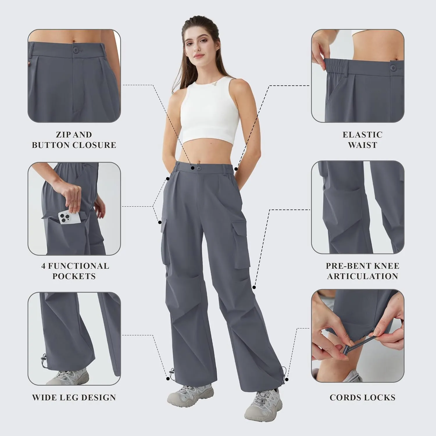 Women’s Hiking Pants Wide Leg Cargo Pants Quick Dry Lightweight Water-Resistant Travel Casual Trousers with 4 Pockets
