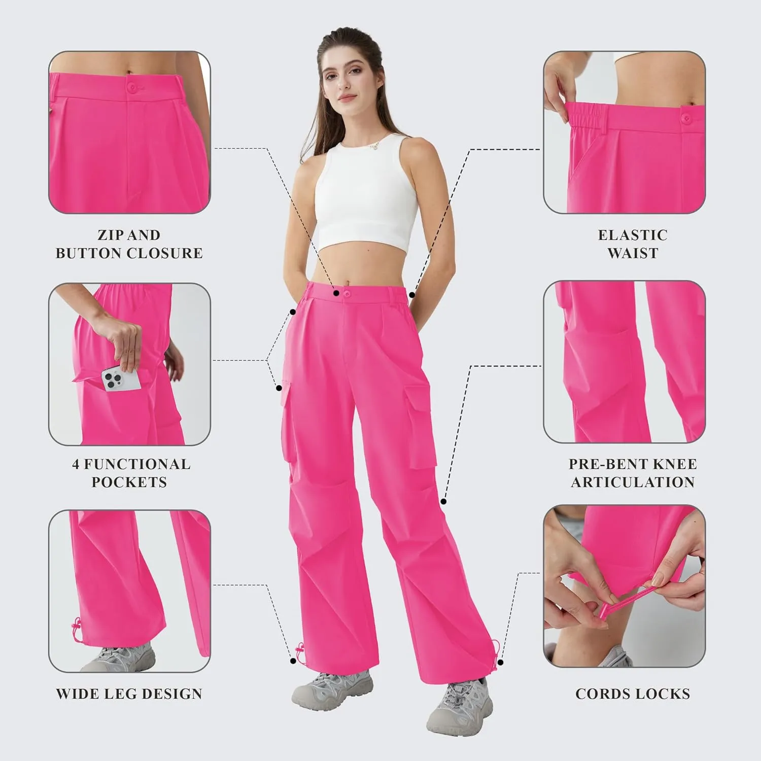 Women’s Hiking Pants Wide Leg Cargo Pants Quick Dry Lightweight Water-Resistant Travel Casual Trousers with 4 Pockets