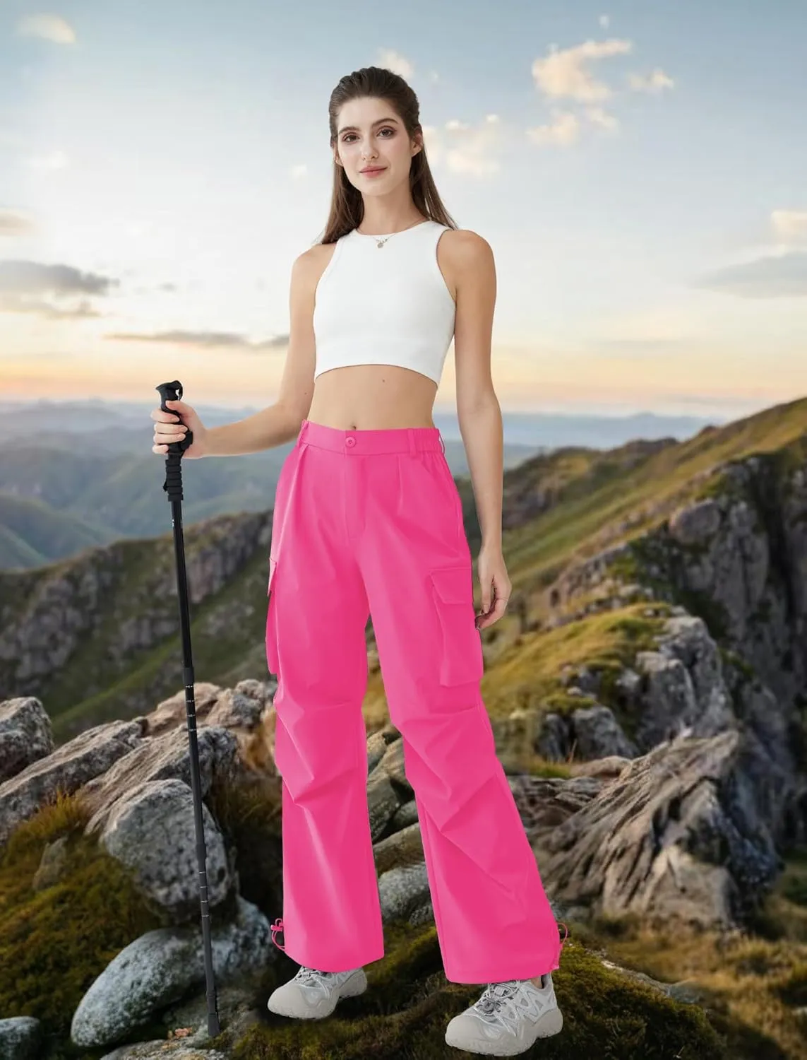 Women’s Hiking Pants Wide Leg Cargo Pants Quick Dry Lightweight Water-Resistant Travel Casual Trousers with 4 Pockets