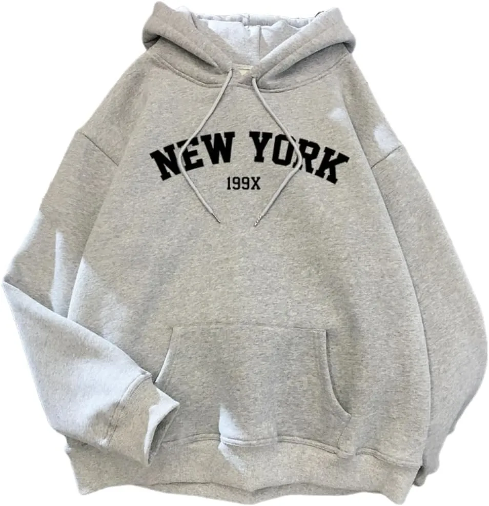 Womens Kawaii Solid Color Long Sleeve Drawstring Printed Pullover Hoodies Soft Sweatshirts with Pockets