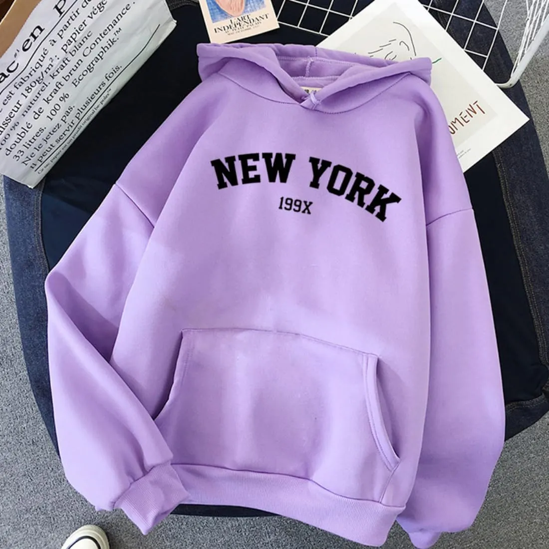 Womens Kawaii Solid Color Long Sleeve Drawstring Printed Pullover Hoodies Soft Sweatshirts with Pockets