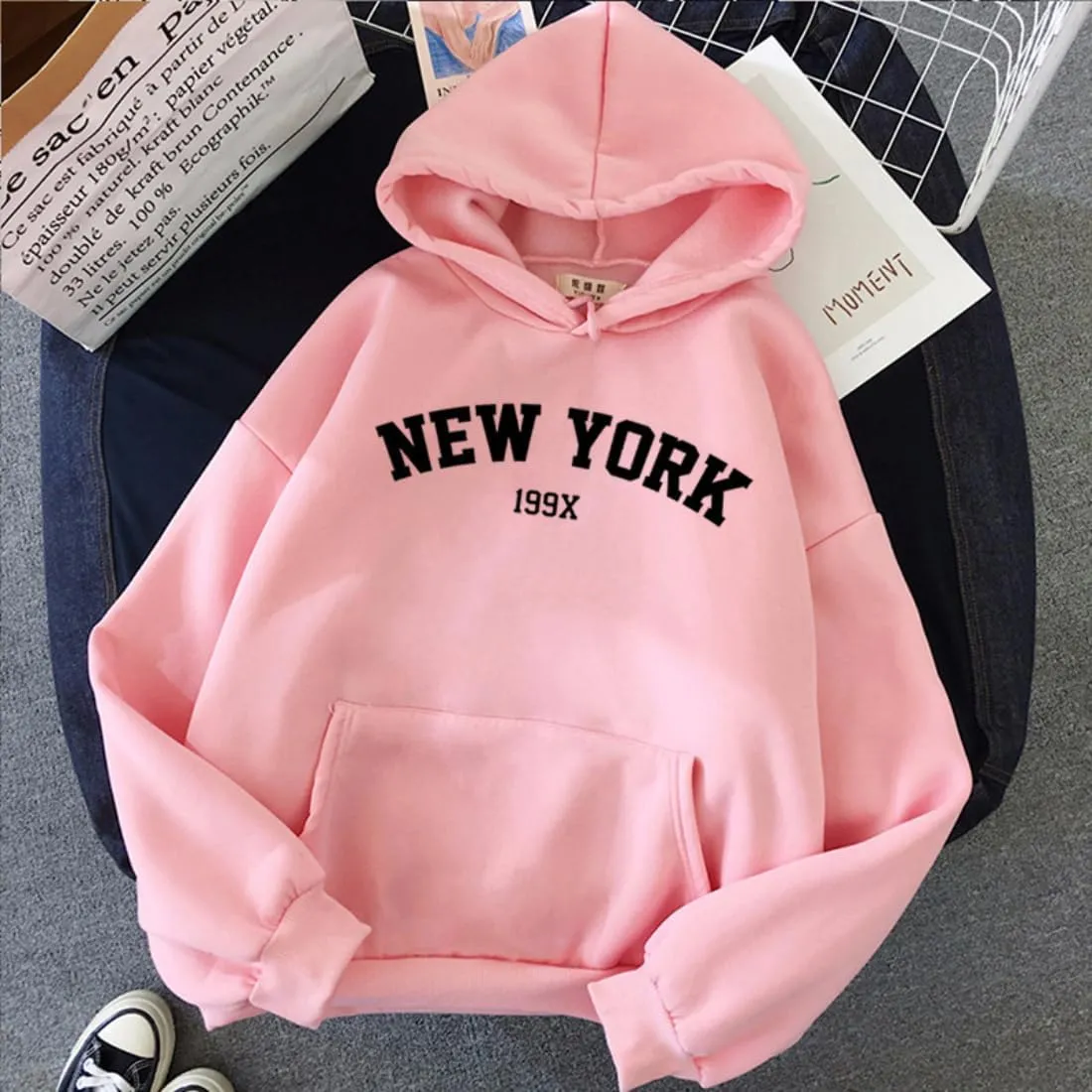 Womens Kawaii Solid Color Long Sleeve Drawstring Printed Pullover Hoodies Soft Sweatshirts with Pockets