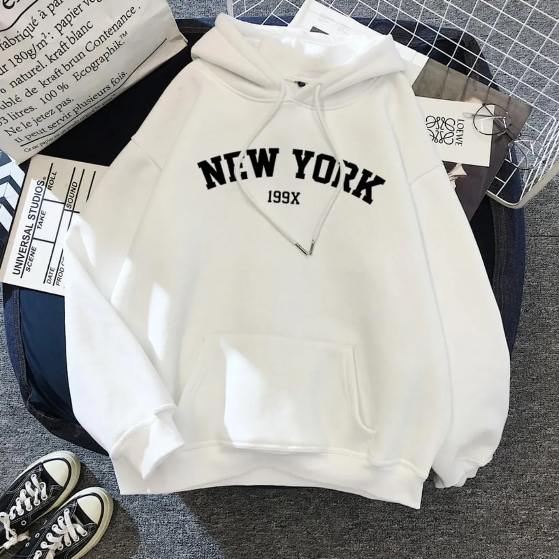 Womens Kawaii Solid Color Long Sleeve Drawstring Printed Pullover Hoodies Soft Sweatshirts with Pockets