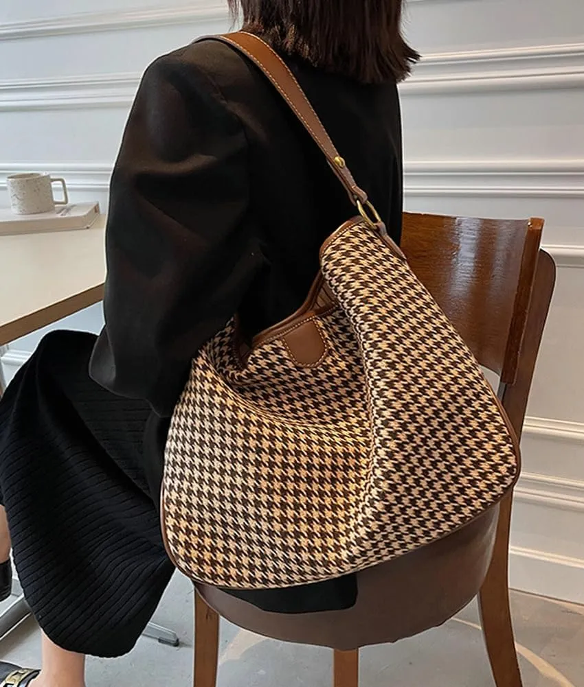 Women's Knitted Shoulder Crossbody Bag Fashion Checkered Handbag Large Totes Casual Work Top Handle Purse