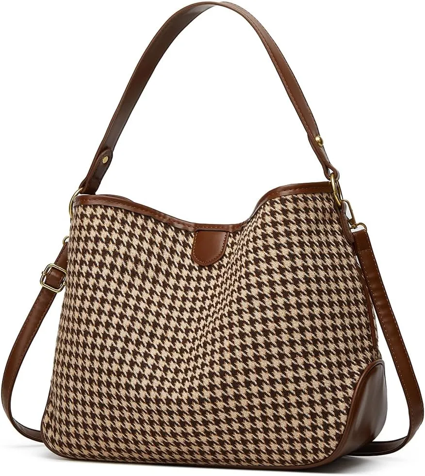 Women's Knitted Shoulder Crossbody Bag Fashion Checkered Handbag Large Totes Casual Work Top Handle Purse