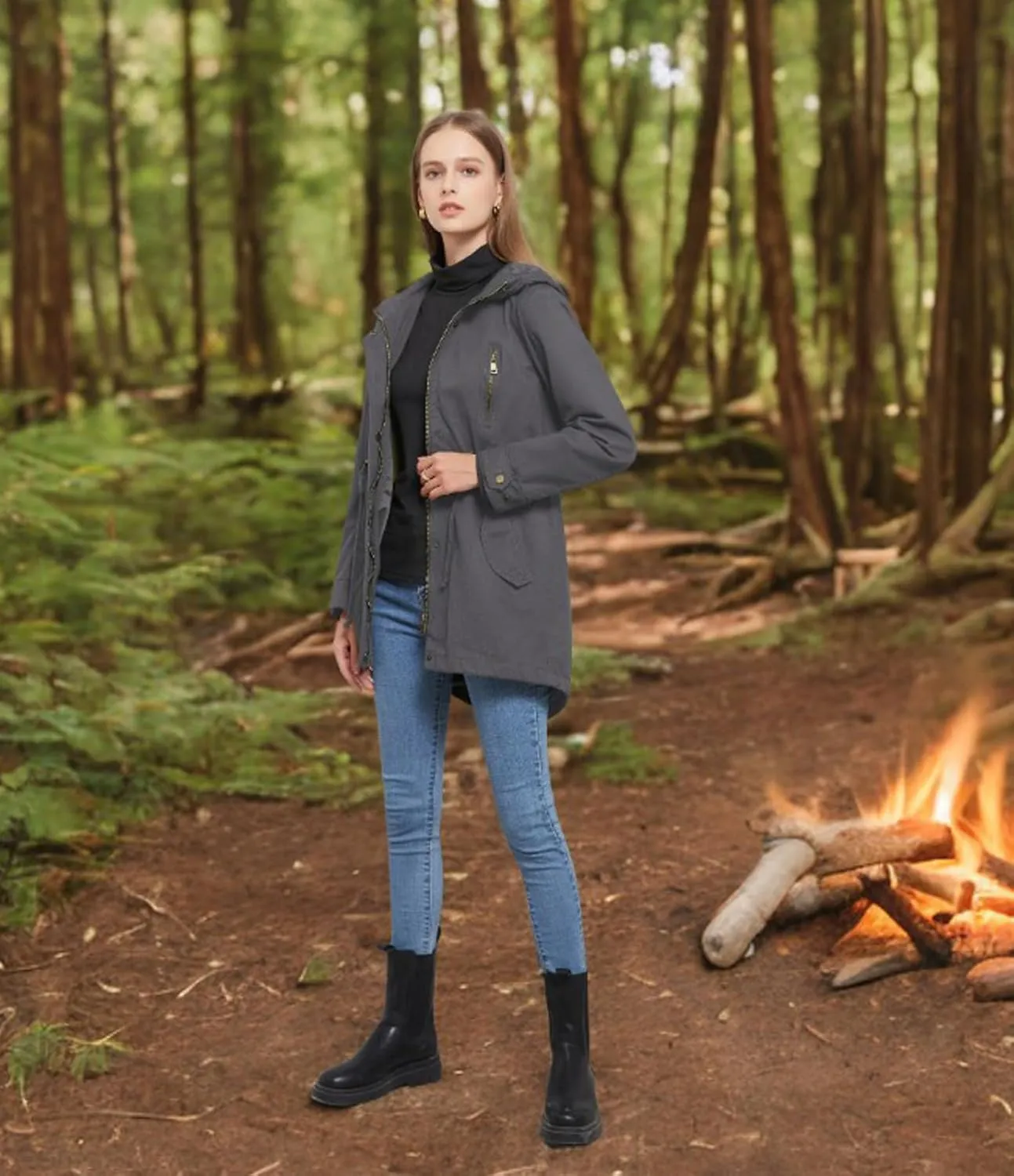 Women's Ligtweight Jackets Anorak Utility Drawstring Waist Hoodie Zip Up Fall Casual Coat with Pockets