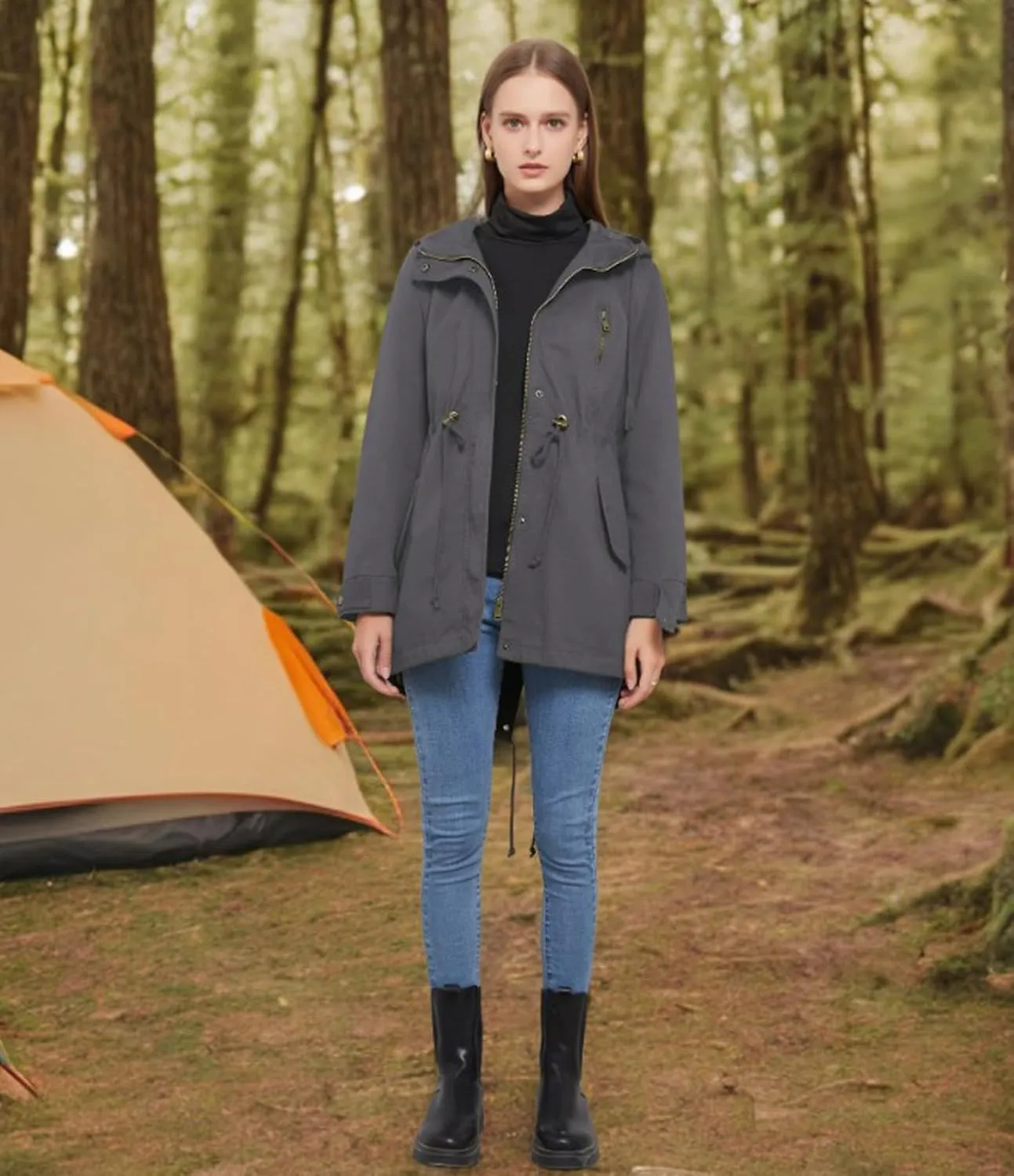Women's Ligtweight Jackets Anorak Utility Drawstring Waist Hoodie Zip Up Fall Casual Coat with Pockets