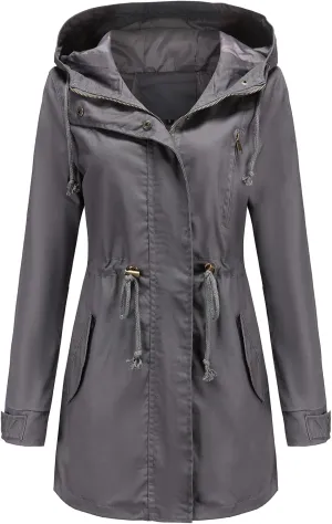 Women's Ligtweight Jackets Anorak Utility Drawstring Waist Hoodie Zip Up Fall Casual Coat with Pockets