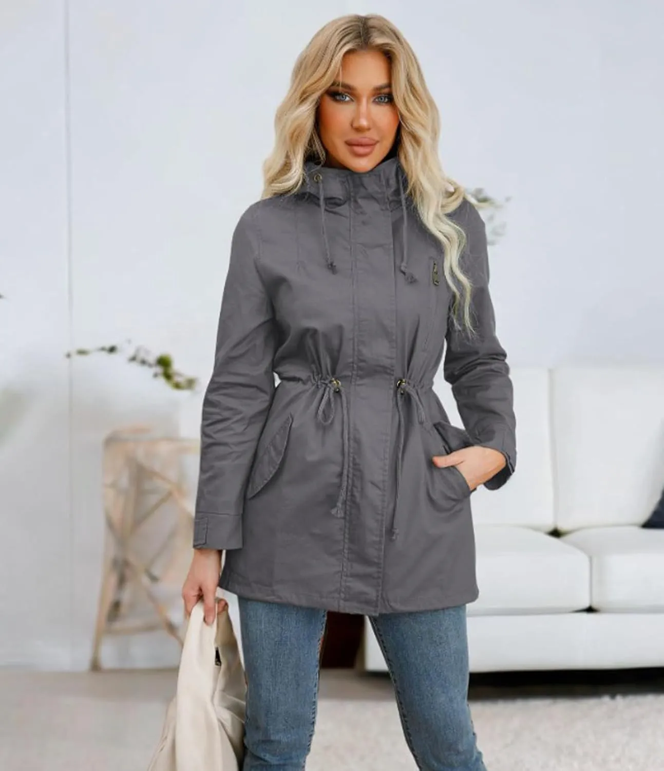 Women's Ligtweight Jackets Anorak Utility Drawstring Waist Hoodie Zip Up Fall Casual Coat with Pockets