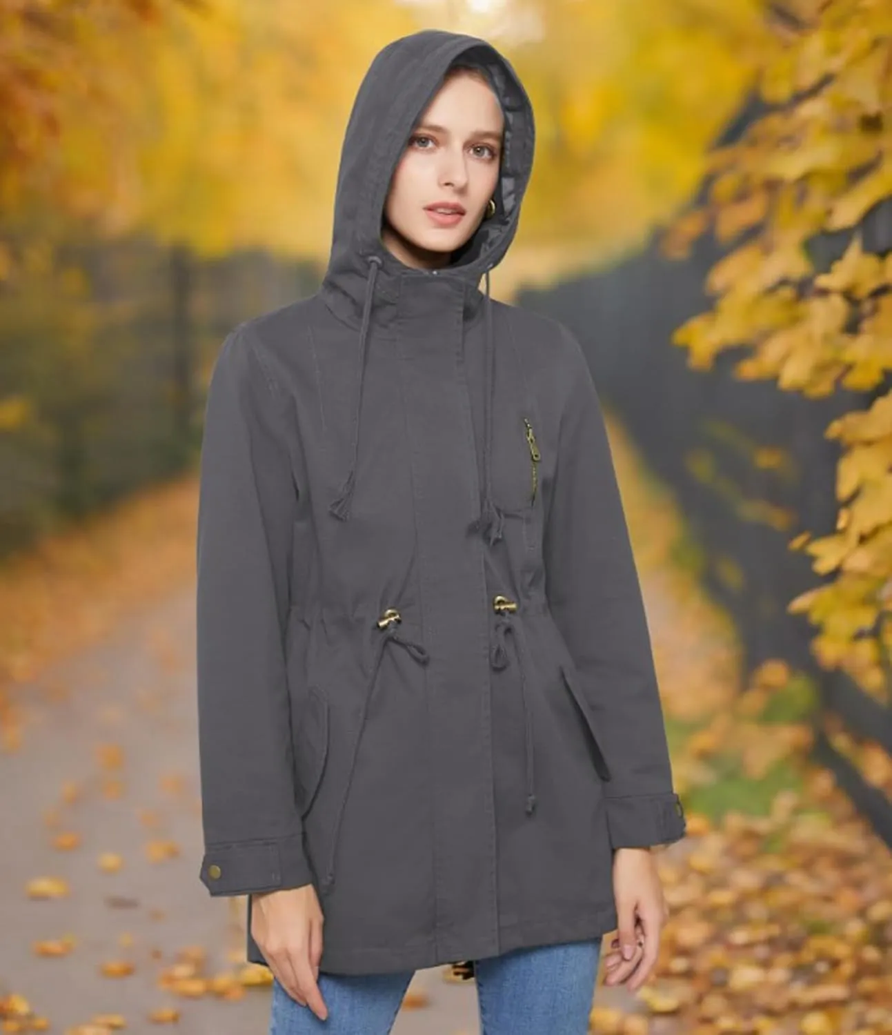 Women's Ligtweight Jackets Anorak Utility Drawstring Waist Hoodie Zip Up Fall Casual Coat with Pockets