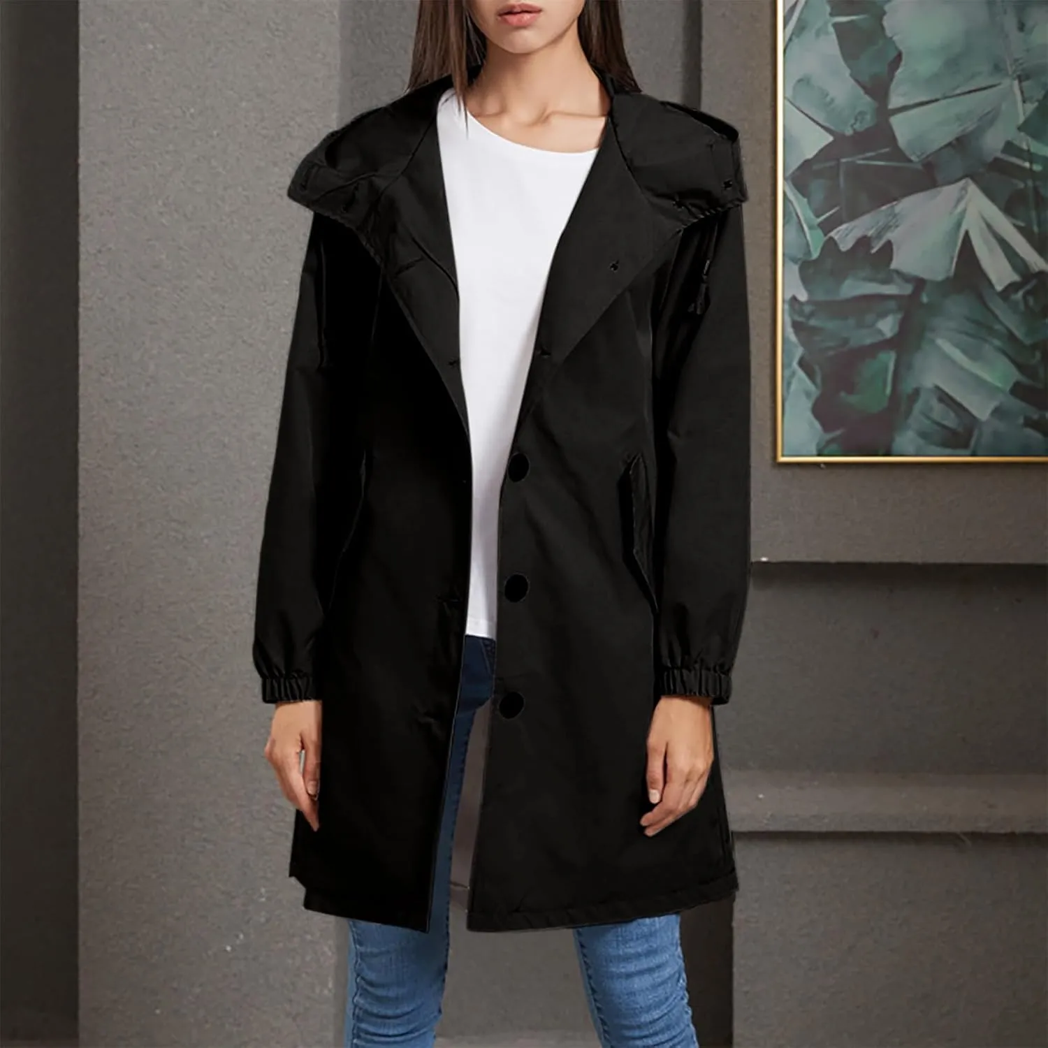 Women's Long Rain Jacket Windproof with Hood Button Trench Coat Travel Raincoats Outdoor Active Coats
