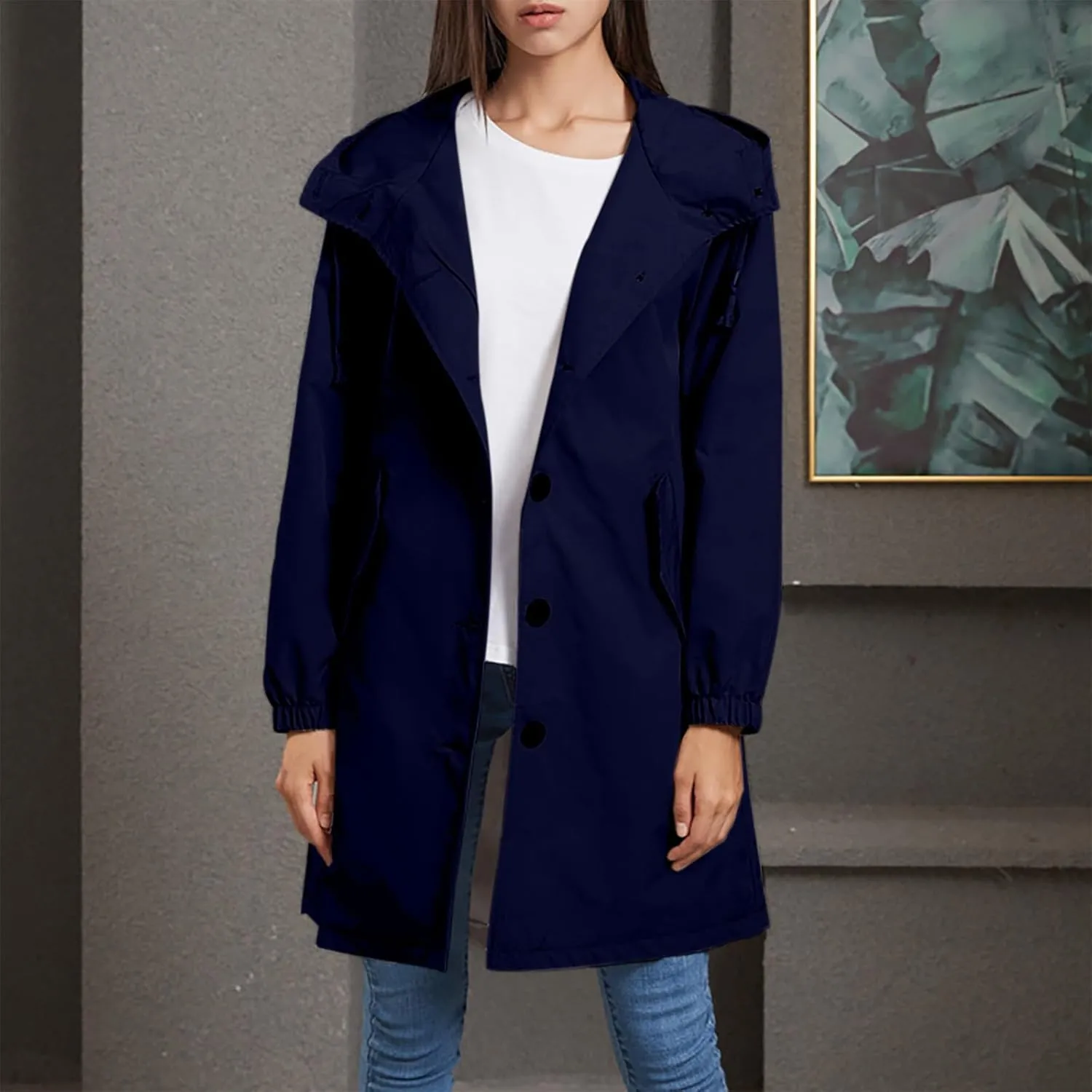Women's Long Rain Jacket Windproof with Hood Button Trench Coat Travel Raincoats Outdoor Active Coats