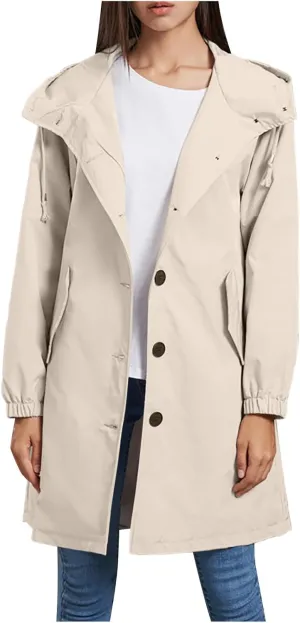 Women's Long Rain Jacket Windproof with Hood Button Trench Coat Travel Raincoats Outdoor Active Coats