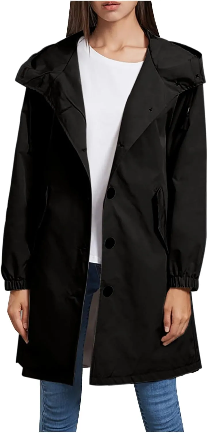 Women's Long Rain Jacket Windproof with Hood Button Trench Coat Travel Raincoats Outdoor Active Coats