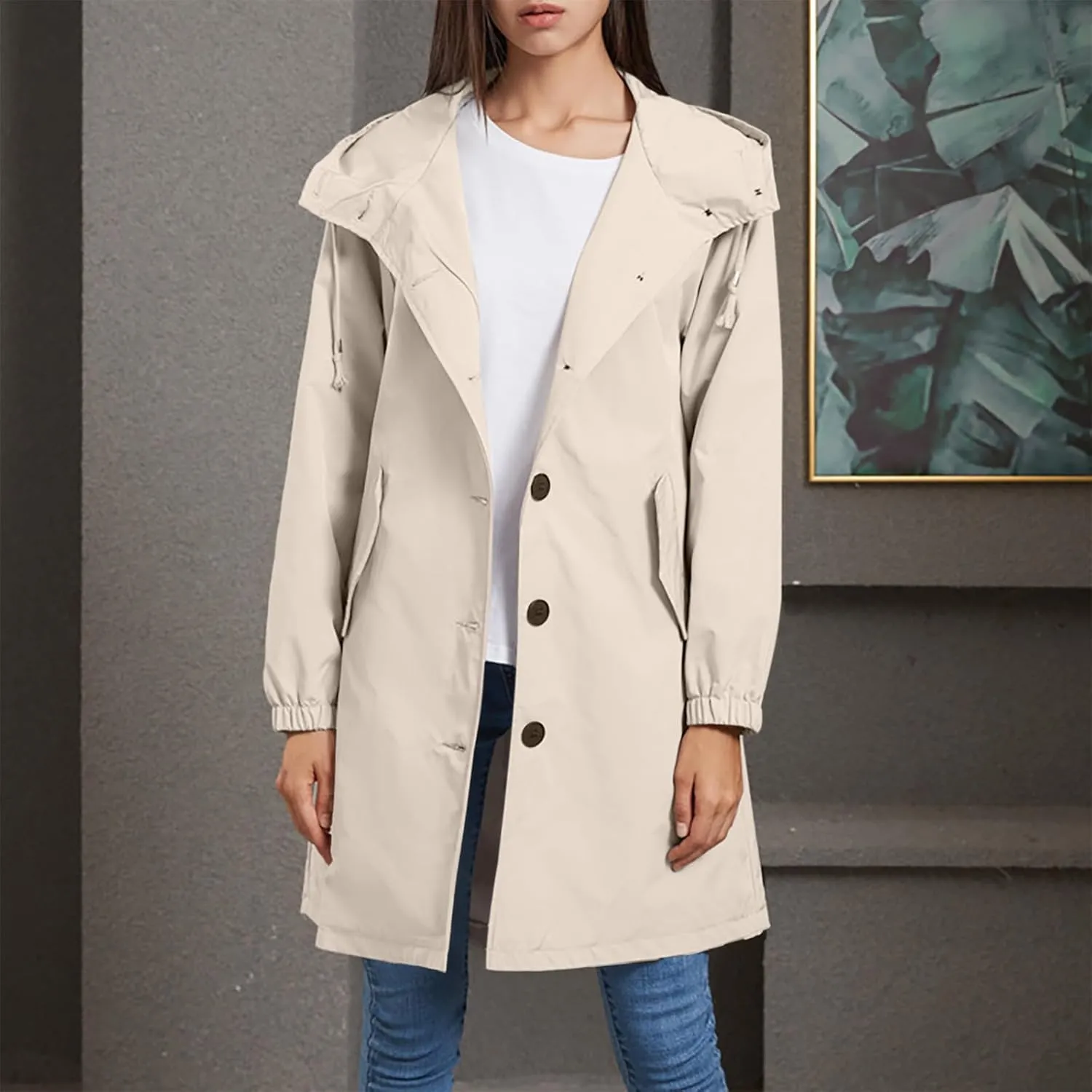 Women's Long Rain Jacket Windproof with Hood Button Trench Coat Travel Raincoats Outdoor Active Coats