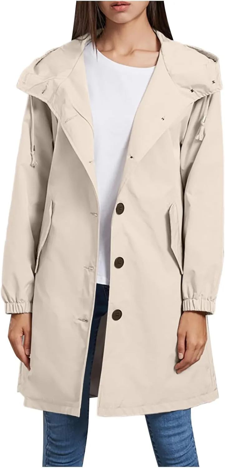 Women's Long Rain Jacket Windproof with Hood Button Trench Coat Travel Raincoats Outdoor Active Coats