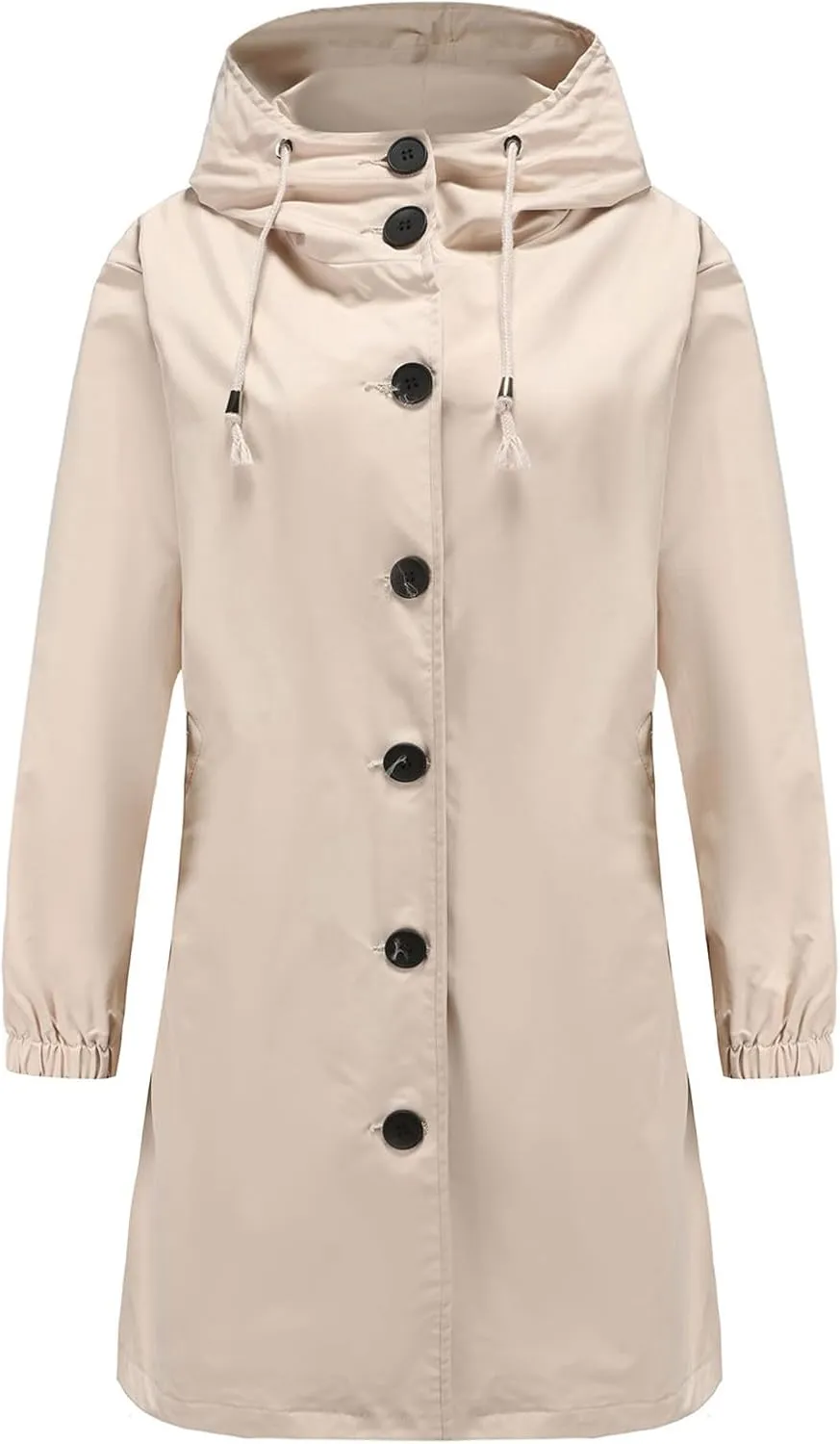 Women's Long Rain Jacket Windproof with Hood Button Trench Coat Travel Raincoats Outdoor Active Coats