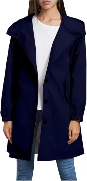 Women's Long Rain Jacket Windproof with Hood Button Trench Coat Travel Raincoats Outdoor Active Coats