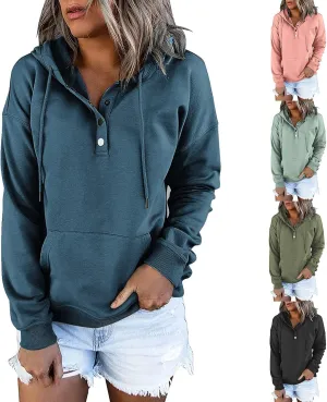 Womens Long Sleeve Button Up Sweatshirt Trendy Solid Color Warm Drawstring Hoodies Going Out Y2K Athletic Casual Top