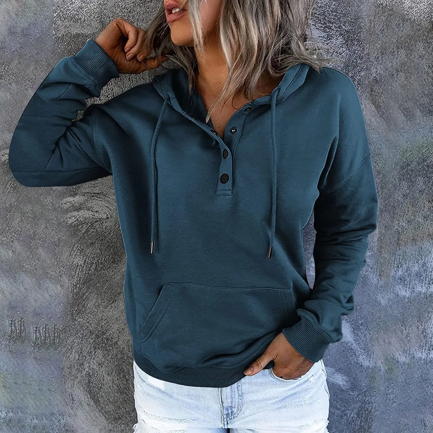 Womens Long Sleeve Button Up Sweatshirt Trendy Solid Color Warm Drawstring Hoodies Going Out Y2K Athletic Casual Top