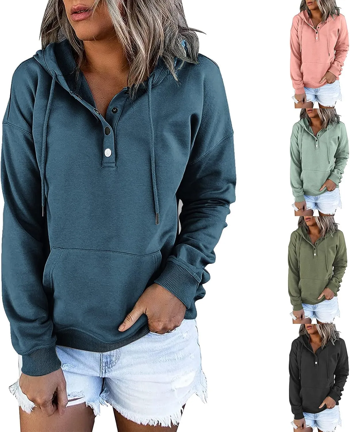 Womens Long Sleeve Button Up Sweatshirt Trendy Solid Color Warm Drawstring Hoodies Going Out Y2K Athletic Casual Top