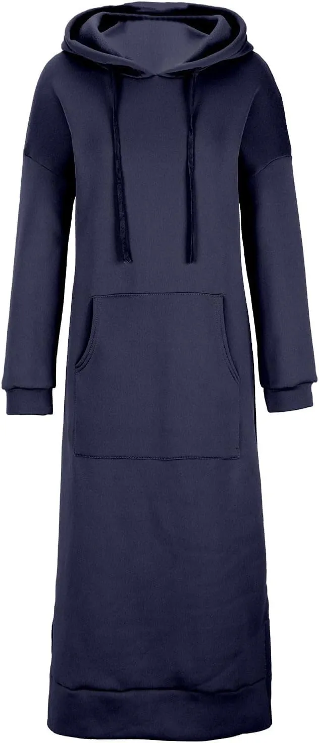 Womens Long Sleeve Hoodies Casual Maxi Length Hooded Dress with Drawstring and Pocket S-5XL