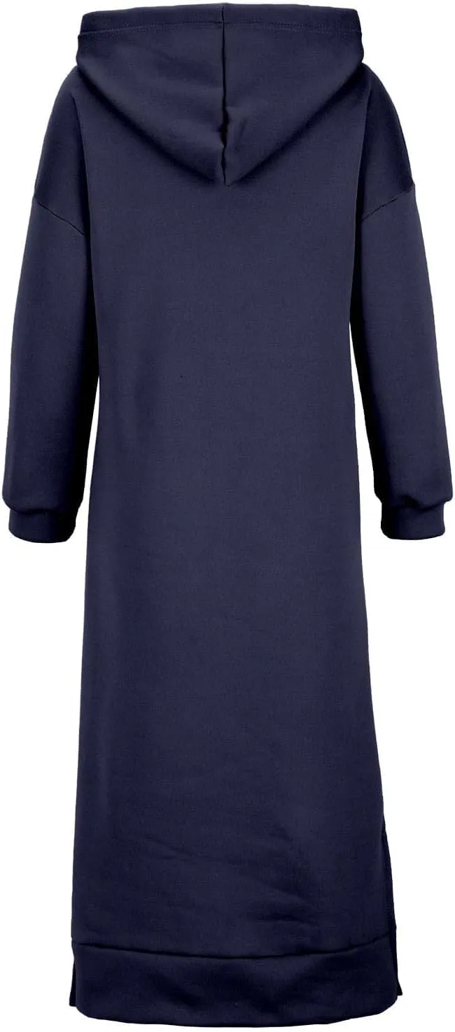 Womens Long Sleeve Hoodies Casual Maxi Length Hooded Dress with Drawstring and Pocket S-5XL