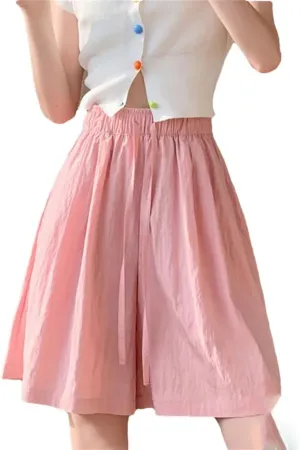 Women's Loose Wide Leg Shorts Solid Color Sweet Drawstring High Waist Jogging Pants