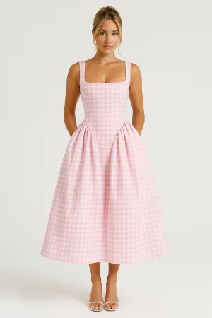 Women’s Midi Dress – Princess Silhouette – Square Neck – Spaghetti Straps – Checkered Pattern