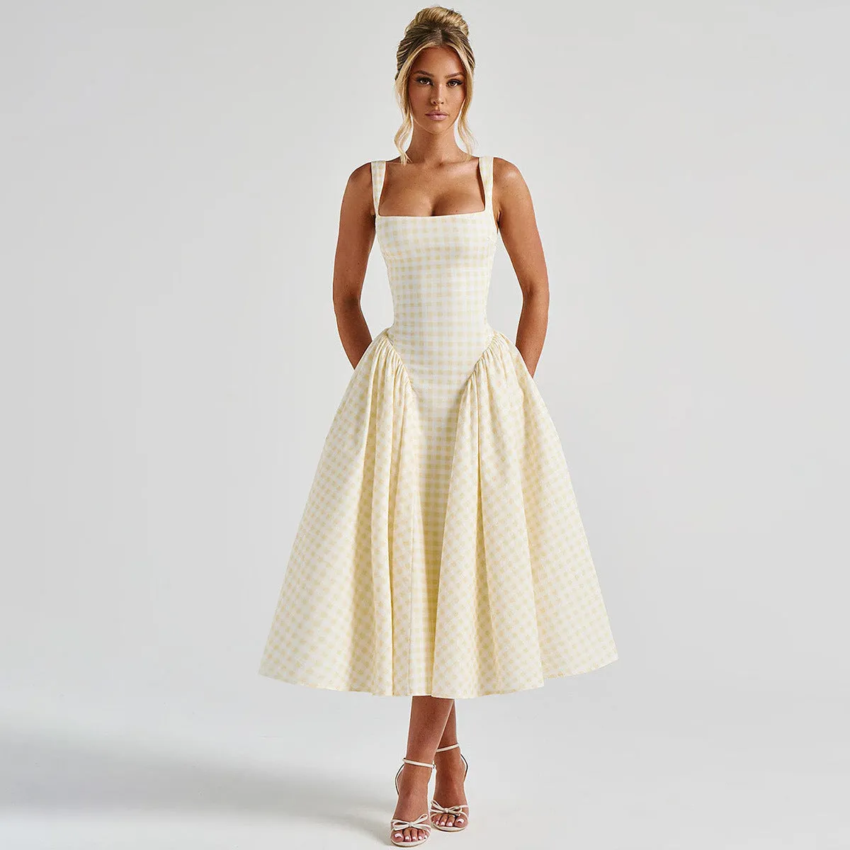 Women’s Midi Dress – Princess Silhouette – Square Neck – Spaghetti Straps – Checkered Pattern