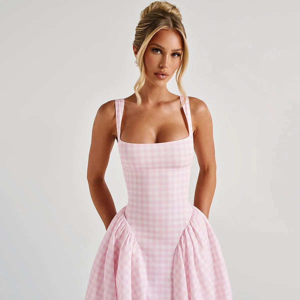 Women’s Midi Dress – Princess Silhouette – Square Neck – Spaghetti Straps – Checkered Pattern