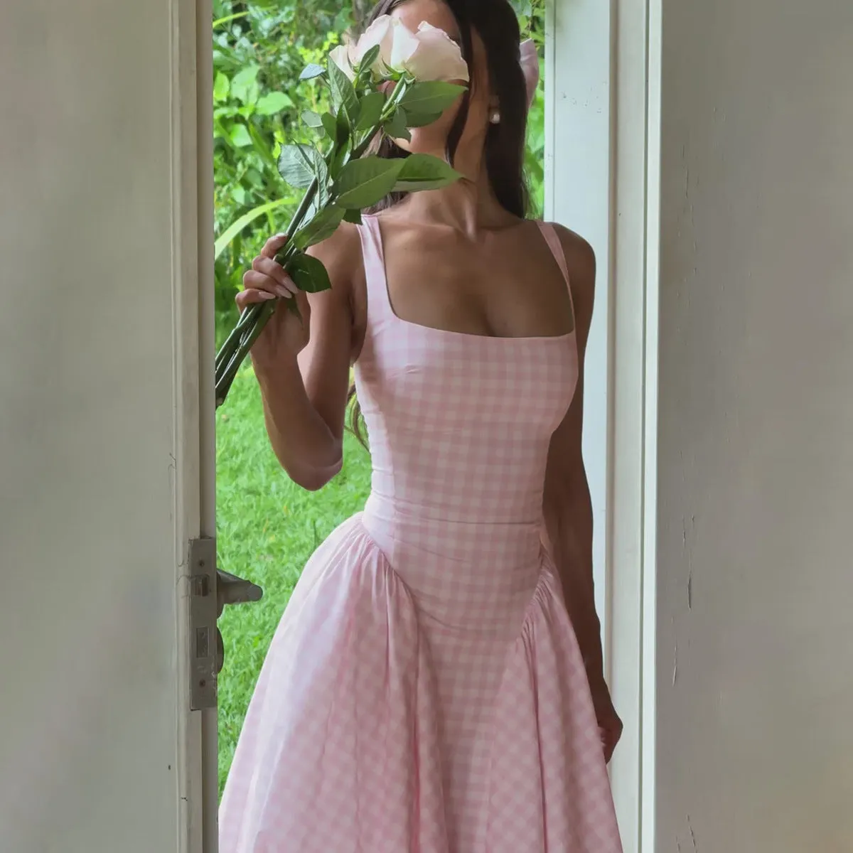 Women’s Midi Dress – Princess Silhouette – Square Neck – Spaghetti Straps – Checkered Pattern