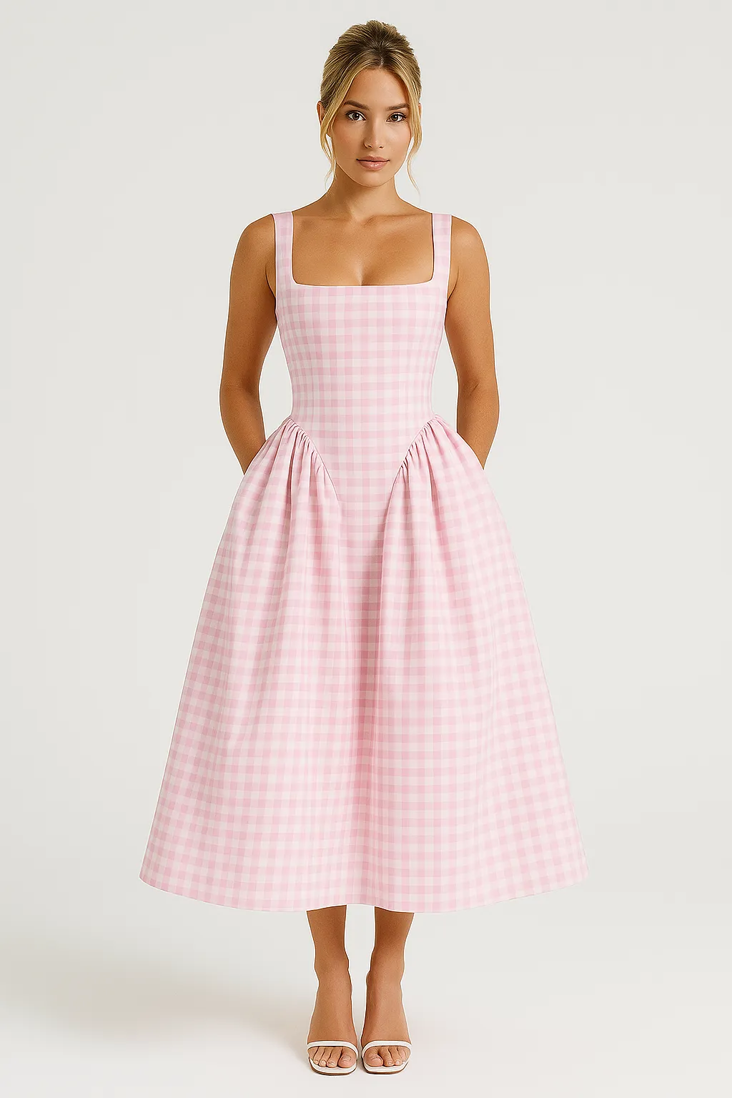 Women’s Midi Dress – Princess Silhouette – Square Neck – Spaghetti Straps – Checkered Pattern