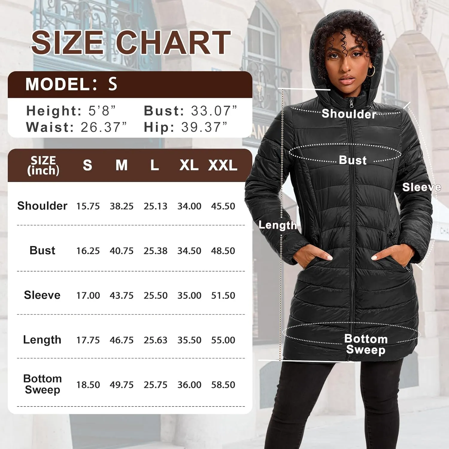 Women's Puffer Jacket Lightweight Packable Puffer Coat with Hood Long Winter Warm Travel Puffy Jackets