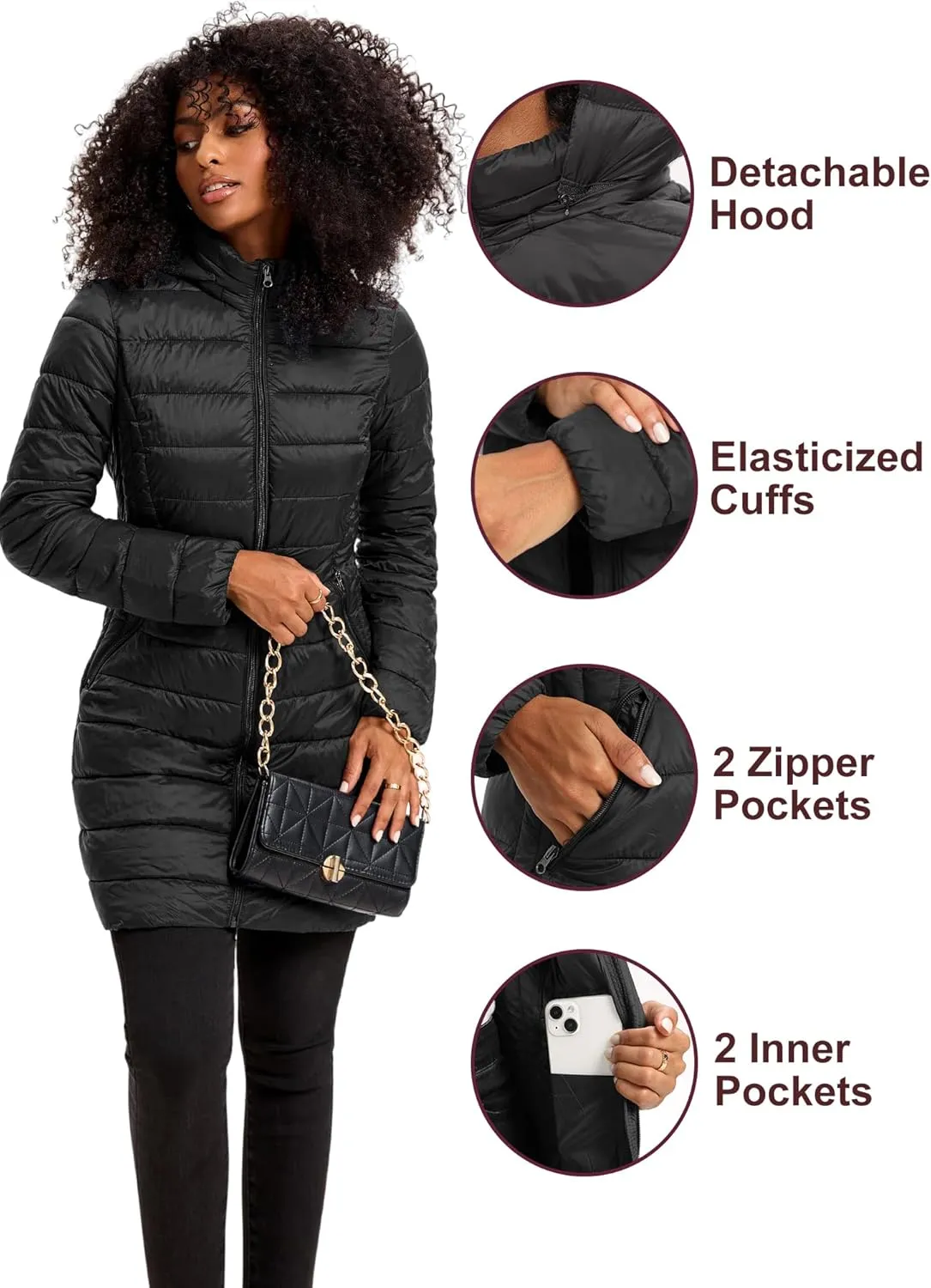 Women's Puffer Jacket Lightweight Packable Puffer Coat with Hood Long Winter Warm Travel Puffy Jackets