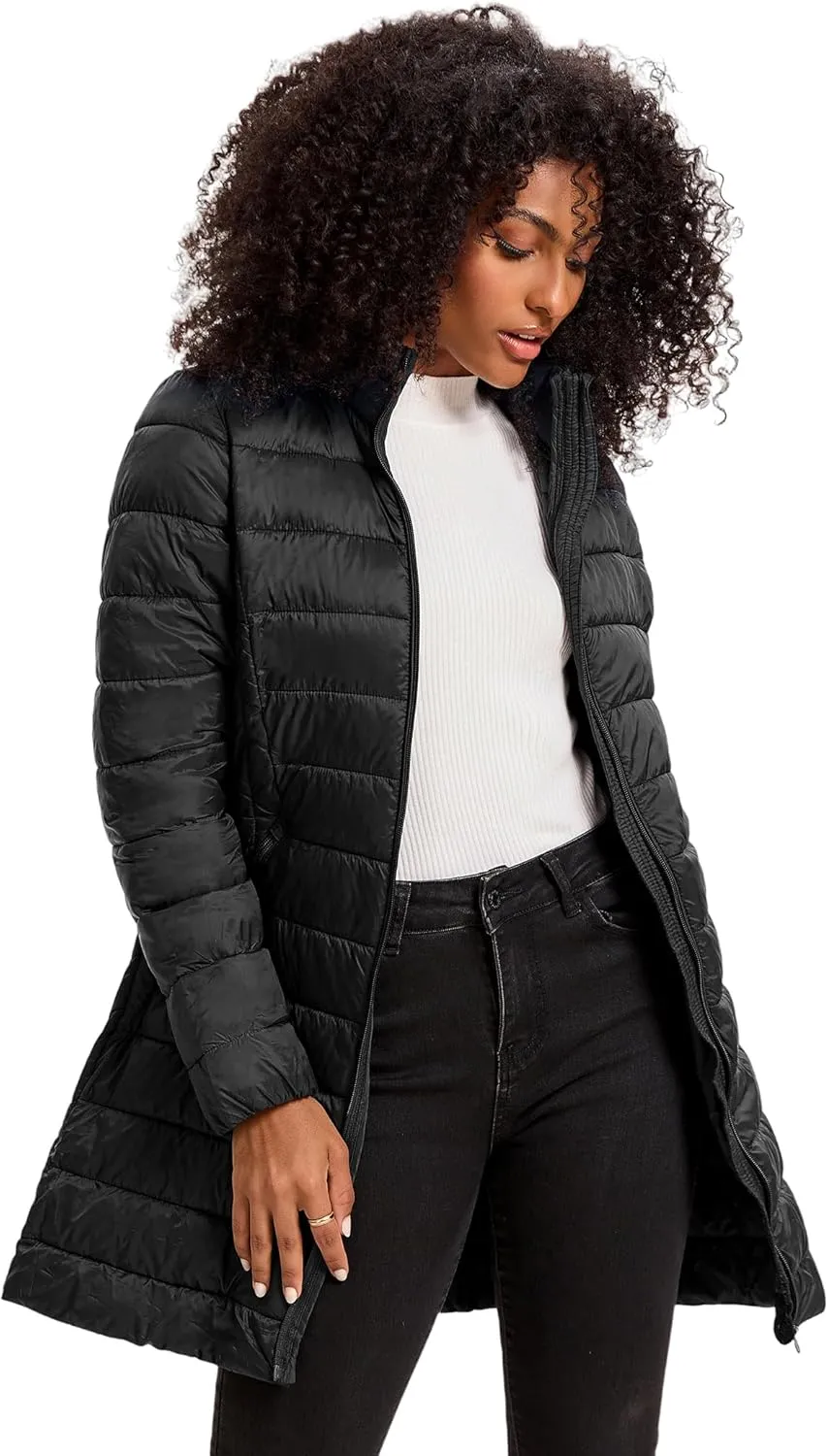 Women's Puffer Jacket Lightweight Packable Puffer Coat with Hood Long Winter Warm Travel Puffy Jackets
