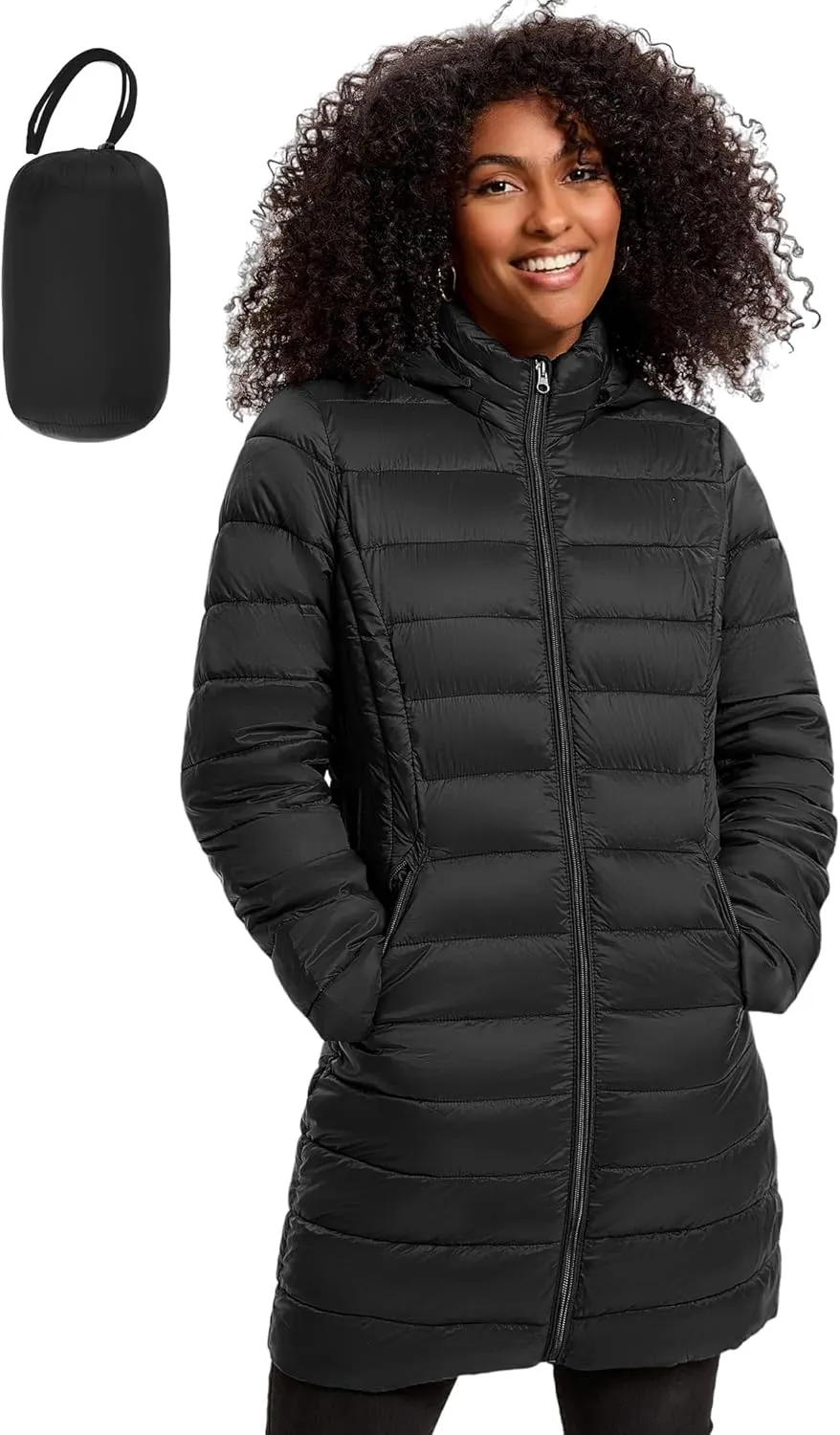 Women's Puffer Jacket Lightweight Packable Puffer Coat with Hood Long Winter Warm Travel Puffy Jackets