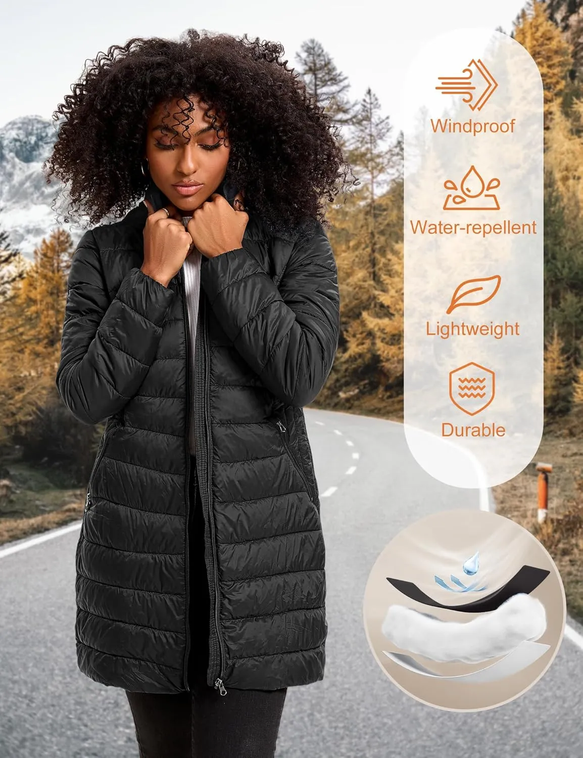 Women's Puffer Jacket Lightweight Packable Puffer Coat with Hood Long Winter Warm Travel Puffy Jackets