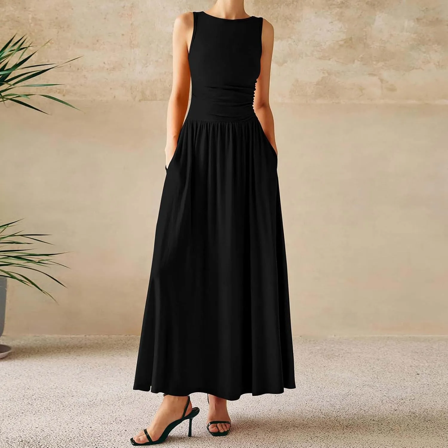 Womens Sleeveless Maxi Dress Crew Neck High Waist Elegant Long Dresses Wedding Party Formal Event Evening Cocktail Dress