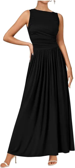 Womens Sleeveless Maxi Dress Crew Neck High Waist Elegant Long Dresses Wedding Party Formal Event Evening Cocktail Dress