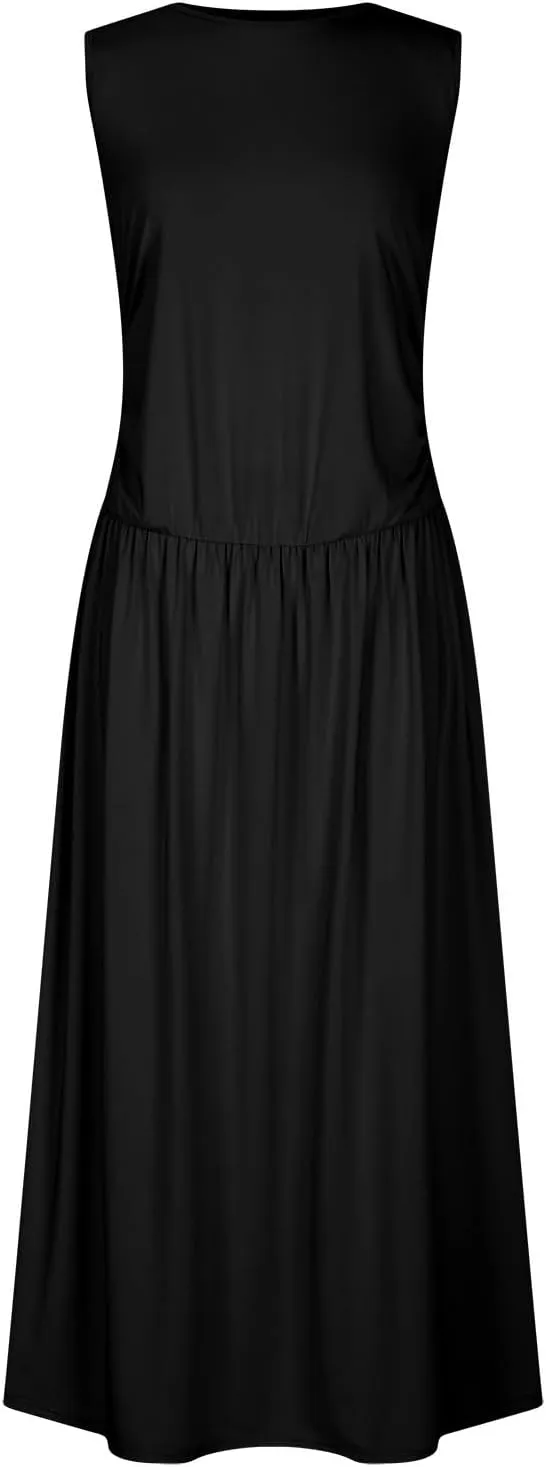 Womens Sleeveless Maxi Dress Crew Neck High Waist Elegant Long Dresses Wedding Party Formal Event Evening Cocktail Dress