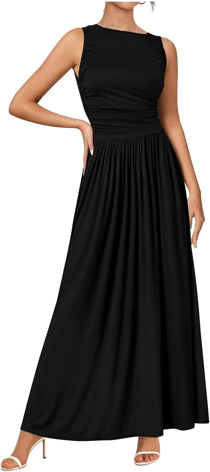 Womens Sleeveless Maxi Dress Crew Neck High Waist Elegant Long Dresses Wedding Party Formal Event Evening Cocktail Dress