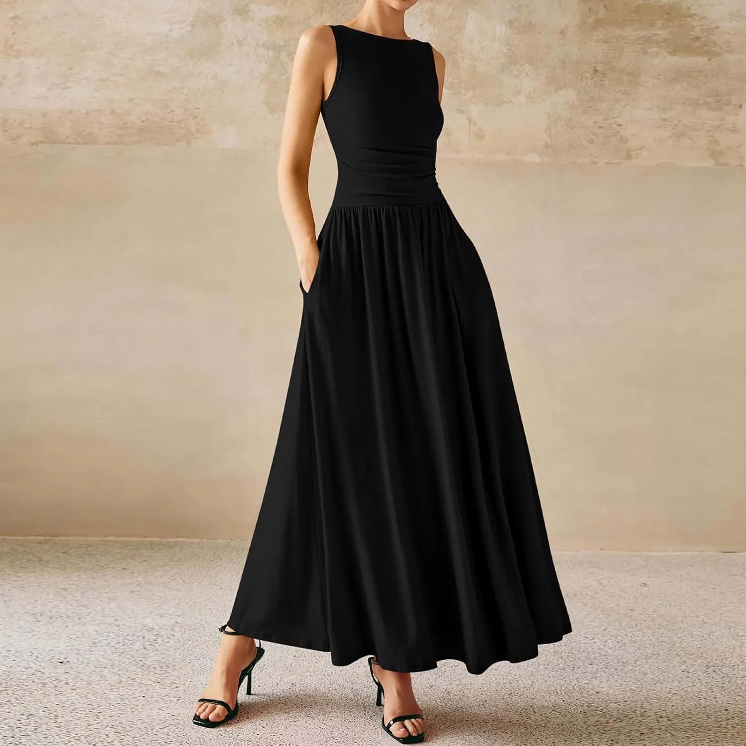 Womens Sleeveless Maxi Dress Crew Neck High Waist Elegant Long Dresses Wedding Party Formal Event Evening Cocktail Dress