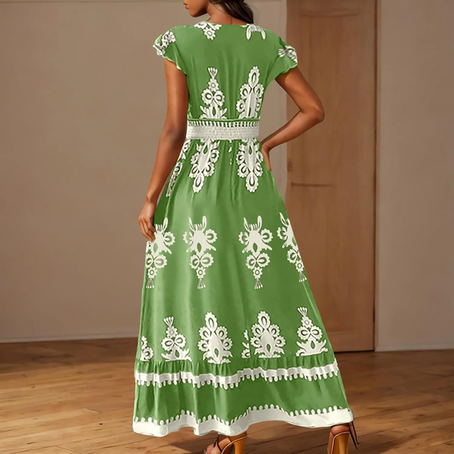 Women's Summer Boho A-Line Sundress, Short Sleeve V-Neck Flowy Casual Dress Shirred High Waist Ruffled Hem Dresses