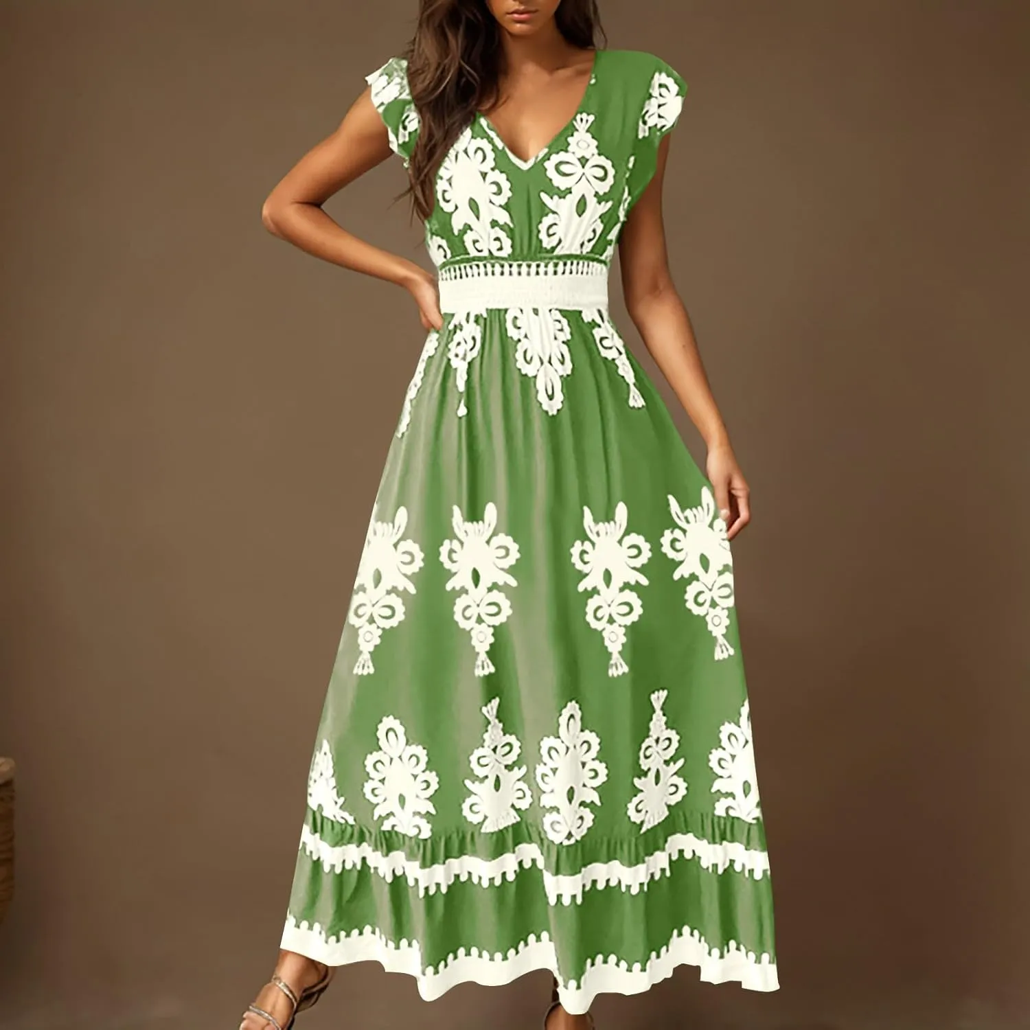 Women's Summer Boho A-Line Sundress, Short Sleeve V-Neck Flowy Casual Dress Shirred High Waist Ruffled Hem Dresses